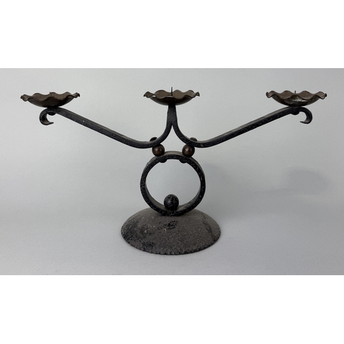 406 - A BRONZE AND METAL THREE ARM PRICKET CANDLESTICK
36cm x 18cm