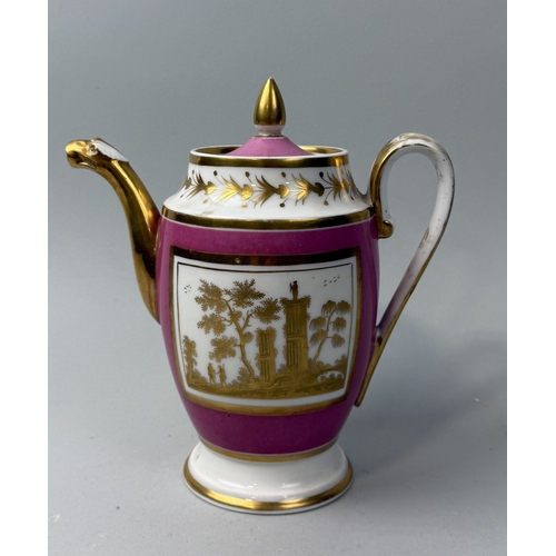 418 - AN ANTIQUE PINK AND GILT PAINTED PORCELAIN COFFEE POT
20cm H