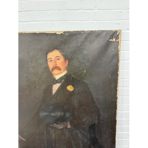 462 - A VERY LARGE OIL PAINTING ON CANVAS DEPICTING OF A GENTLEMAN
Signed bottom left hand corner.
190cm x... 