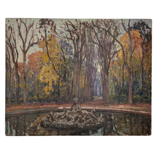 471 - WILLIAM SAMUEL HORTON (AMERICAN 1865-1936): AN OIL PAINTING ON BOARD DEPICTING A FOUNTAIN WITH TREES... 