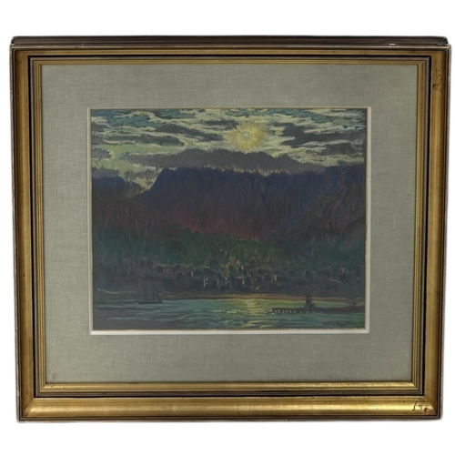 476 - WILLIAM SAMUEL HORTON (AMERICAN 1865-1936): A LARGE PASTEL PAINTING ON PAPER DEPICTING A LAKE WITH M... 