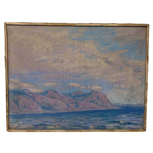 504 - WILLIAM SAMUEL HORTON (AMERICAN 1865-1936): A PASTEL DRAWING DEPICTING THE SEA WITH MOUNTAINS
61cm x... 