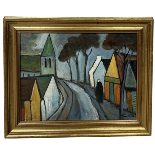 529 - AFTER MARKEY ROBINSON (1918-1999): AN OIL PAINTING ON CANVAS DEPICTING A FRENCH VILLAGE STREET
44cm ... 