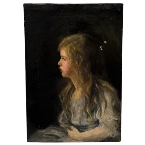 533 - AN OIL PAINTING ON CANVAS DEPICTING A GIRL, SEATED
48.5cm x 33cm
Remnants of different painting to e... 