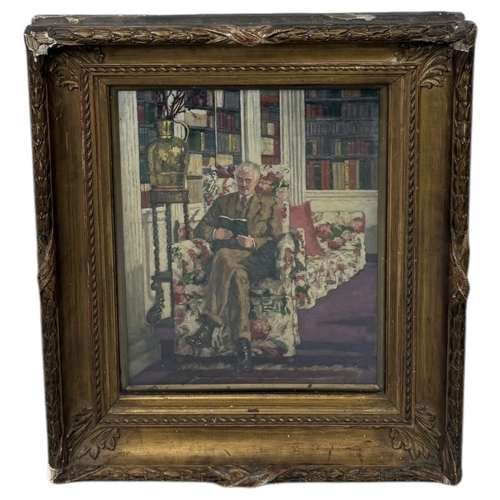 539 - AN OIL PAINTING ON CANVAS DEPICTING A SEATED GENTLEMAN READING A BOOK IN A CHINTZ ARMCHAIR
46cm x 36... 