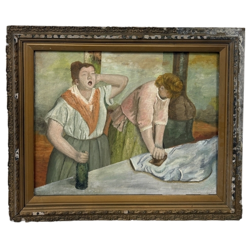 542 - AFTER DEGAS: AN OIL PAINTING ON BOARD 'WOMEN IRONING'
60cm x 47cm
With associated gilt wood frame.... 