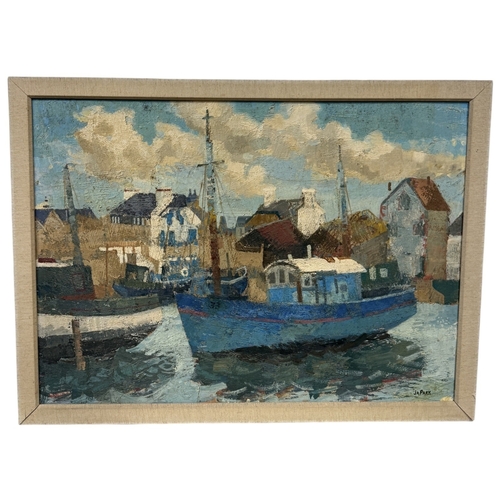 546 - AFTER JOHN ANTHONY PARK (1880-1962): AN OIL PAINTING ON BOARD DEPICTING SAILBOATS IN A HARBOUR, ST I... 