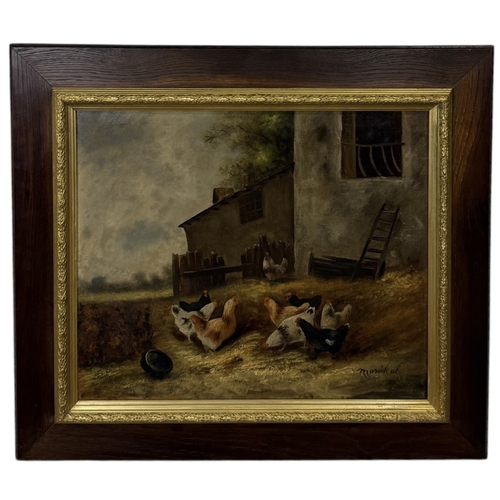 547 - AN OIL PAINTING ON CANVAS DEPICTING CHICKENS AND HENS IN A FARMYARD
54cm x 44cm
Framed 74cm x 64cm... 