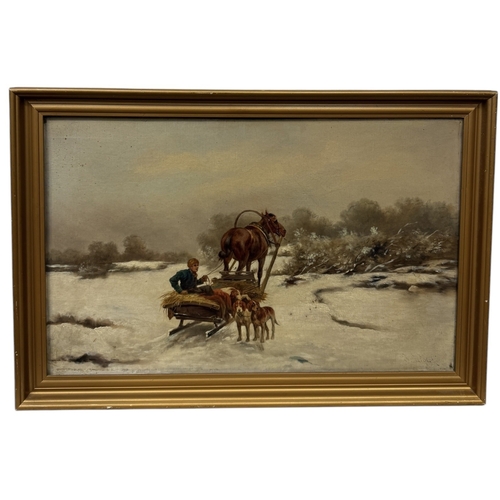 549 - AN OIL PAINTING ON CANVAS DEPICTING A WINTRY SCENE WITH HORSE AND DOGS
Signed indistinctly bottom ri... 