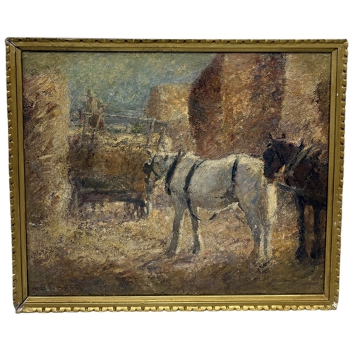 556 - AN OIL ON CANVAS DEPICTING HORSE AND CART WITH HAY BALES
55cm x 45cm
Framed.