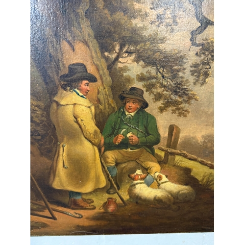 566 - A 19TH CENTURY OIL PAINTING ON CANVAS DEPICTING A COUNTRYSIDE SCENE WITH TWO GENTLEMAN AND DOGS
51cm... 