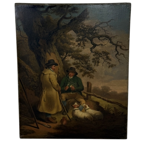 566 - A 19TH CENTURY OIL PAINTING ON CANVAS DEPICTING A COUNTRYSIDE SCENE WITH TWO GENTLEMAN AND DOGS
51cm... 