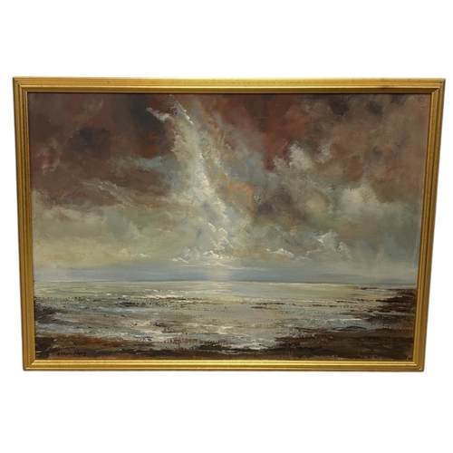 569 - AN OIL PAINTING ON CANVAS LAID ON BOARD, DEPICTING A BRITISH-SCHOOL SKY AND SHORE SCENE
 
94.5 x 67 ... 