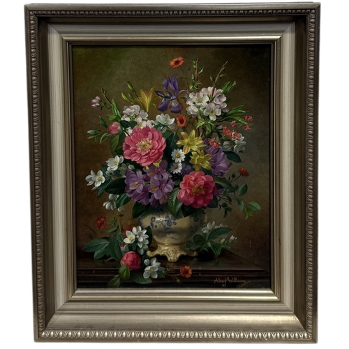 570 - ALBERT WILLIAMS (BRITISH 1922-2010): AN OIL PAINTING ON CANVAS DEPICTING STILL LIFE WITH FLOWERS.
50... 