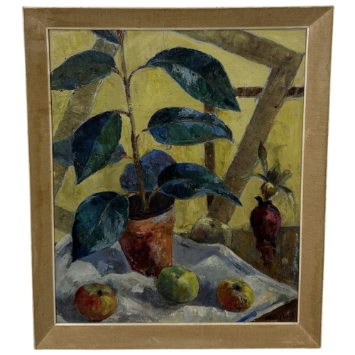 571 - AN OIL PAINTING ON BOARD DEPICTING A STILL LIFE WITH A PLANT AND APPLES
60cm x 50cm