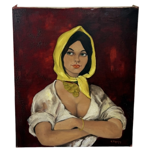 581 - RICHARD TANGUY (B.1937): AN OIL PAINTING ON CANVAS DEPICTING A LADY WITH FOLDED ARMS
55cm x 46cm... 