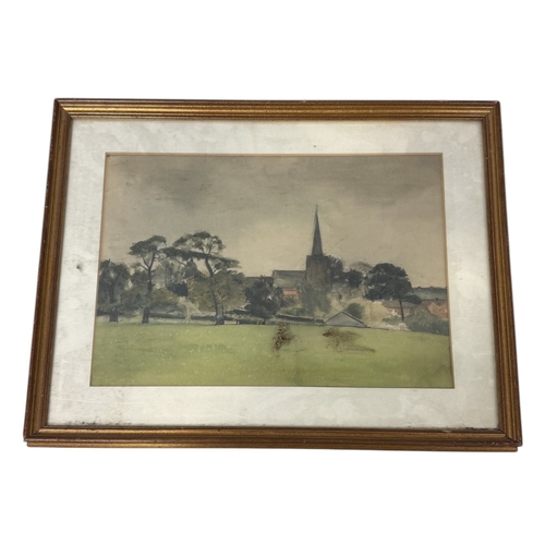 648 - A WATERCOLOUR PAINTING ON PAPER DEPICTING A FIELD WITH A CHURCH STEEPLE
35cm x 25cm
Framed and glaze... 