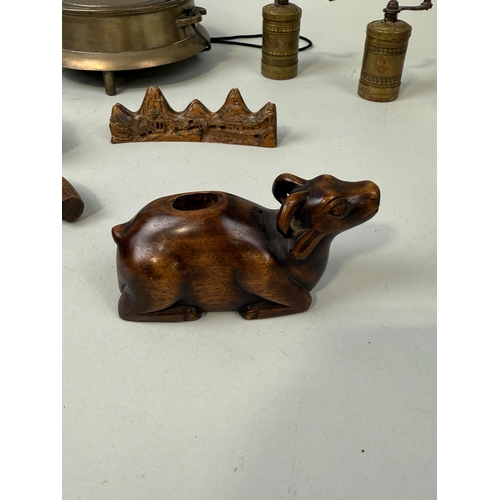 76 - CHINESE AND ASIAN ANTIQUES TO INCLUDE A BRONZE STAND, WOODEN CHINESE BRUSH REST, GONG, BUDDHA