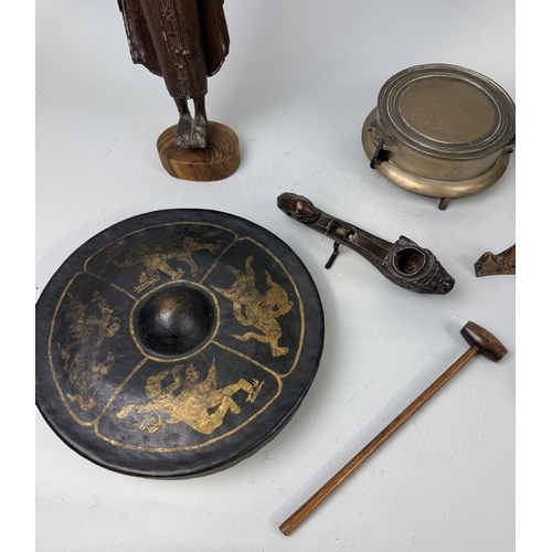 76 - CHINESE AND ASIAN ANTIQUES TO INCLUDE A BRONZE STAND, WOODEN CHINESE BRUSH REST, GONG, BUDDHA