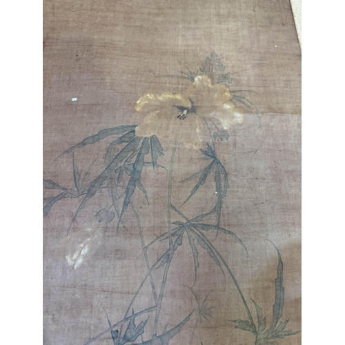 90 - A CHINESE PAINTED SCROLL, QIANLONG PERIOD, DEPICTING FLOWERS
Please note that the scroll and paintin... 