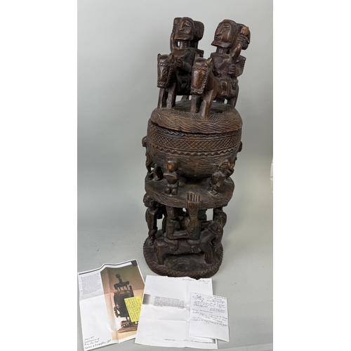 91 - A LARGE CARVED WOOD DOGON MALI CONTAINER
76cm H
Provenance: With handwritten label '1985...Bought in... 