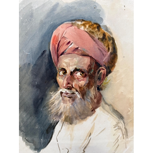 28 - ALFRED CROWDY LOVETT C.B.E (BRITISH 1862-1919): A WATERCOLOUR PAINTING ON PAPER DEPICTING A PORTRAIT... 