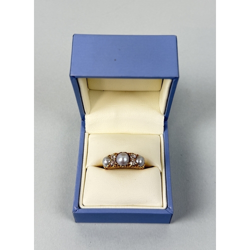 13 - AN ANTIQUE GOLD RING SET WITH THREE PEARLS AND FOUR DIAMONDS
Weight: 5.6gms