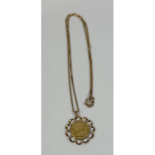 12 - A QUEEN ELIZABETH II 9CT GOLD HALF SOVEREIGN, IN 9CT GOLD MOUNT WITH 18CT GOLD CHAIN
Total weight: 1... 