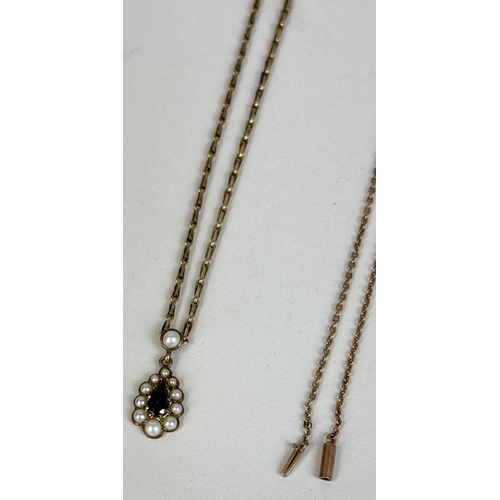 29 - A 9CT GOLD NECKLACE WITH SAPPHIRE AND PEARL PENDANT, ALONG WITH ANOTHER 9CT GOLD CHAIN
Total weight:... 