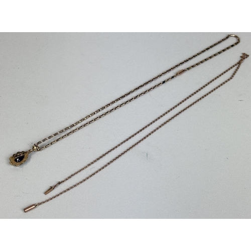 29 - A 9CT GOLD NECKLACE WITH SAPPHIRE AND PEARL PENDANT, ALONG WITH ANOTHER 9CT GOLD CHAIN
Total weight:... 