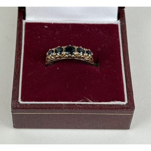 44 - A 9CT GOLD FIVE STONE SAPPHIRE RING
Weight: 2.3gms
Ring inside diameter 18 mm (UK P, US 8).... 