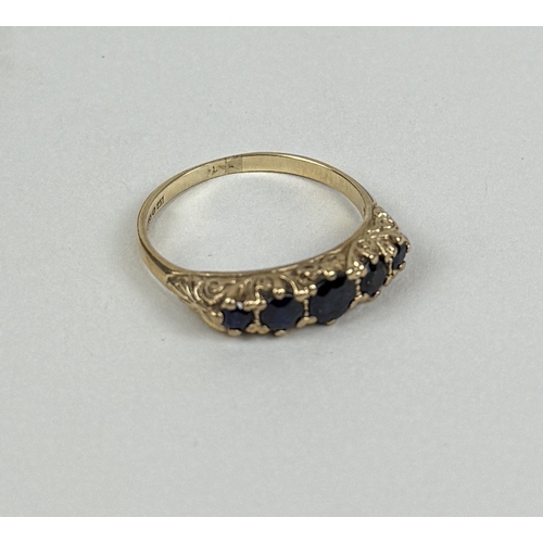 44 - A 9CT GOLD FIVE STONE SAPPHIRE RING
Weight: 2.3gms
Ring inside diameter 18 mm (UK P, US 8).... 