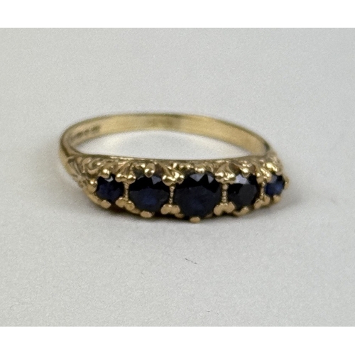 44 - A 9CT GOLD FIVE STONE SAPPHIRE RING
Weight: 2.3gms
Ring inside diameter 18 mm (UK P, US 8).... 