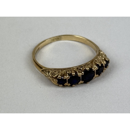 44 - A 9CT GOLD FIVE STONE SAPPHIRE RING
Weight: 2.3gms
Ring inside diameter 18 mm (UK P, US 8).... 
