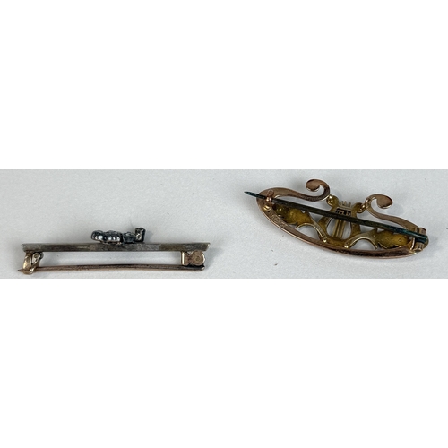 45 - TWO 9CT GOLD BROOCHES, ONE FLORAL WITH DIAMONDS, THE OTHER HARP WITH PEARLS
Total weight: 5.1gms... 
