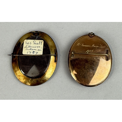 47 - AN 18TH CENTURY PORTRAIT MINIATURE BROOCH OF THOMAS SCOTT, TOGETHER WITH A GOLD MINIATURE FRAME BROO... 