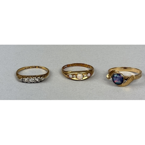 48 - TWO 18 CT GOLD RINGS ALONG WITH A 9 CT GOLD RING
Two set with opals, one with diamonds
Total weight:... 