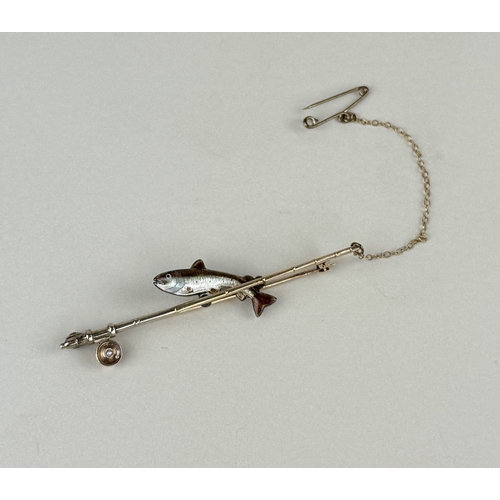 50 - A NOVELTY 'FISHING' BROOCH WITH SILVER ENAMEL FISH, 9CT GOLD PIN AND ROD
Weight: 5.8gms... 