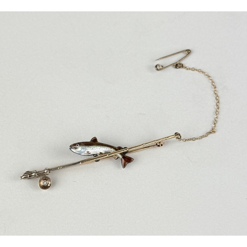 50 - A NOVELTY 'FISHING' BROOCH WITH SILVER ENAMEL FISH, 9CT GOLD PIN AND ROD
Weight: 5.8gms... 