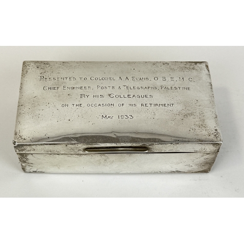 115 - A SILVER CIGARETTE BOX BY J.B. CHATTERLEY, BIRMINGHAM 1922
Inscribed 'Presented to Colonel A.A Evans... 