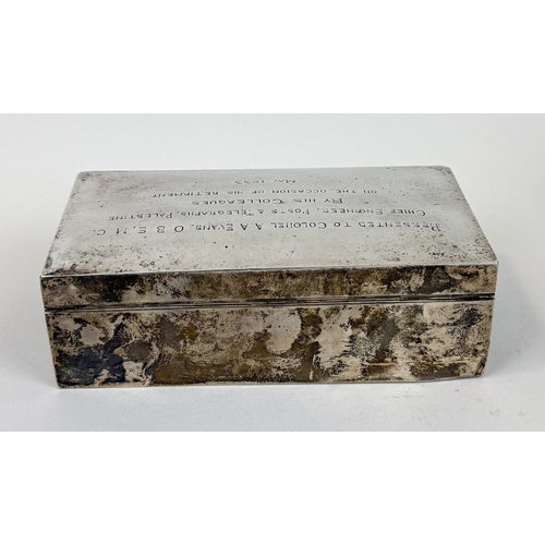 115 - A SILVER CIGARETTE BOX BY J.B. CHATTERLEY, BIRMINGHAM 1922
Inscribed 'Presented to Colonel A.A Evans... 