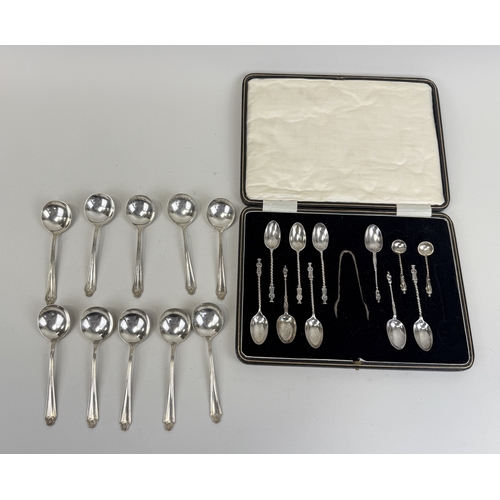 129 - A GROUP OF SILVER APOSTLE SPOONS IN UNRELATED BOX, TOGETHER WITH WILLIAM ROGERS SILVER-PLATED SOUP S... 