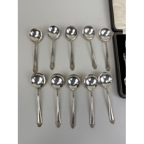 129 - A GROUP OF SILVER APOSTLE SPOONS IN UNRELATED BOX, TOGETHER WITH WILLIAM ROGERS SILVER-PLATED SOUP S... 
