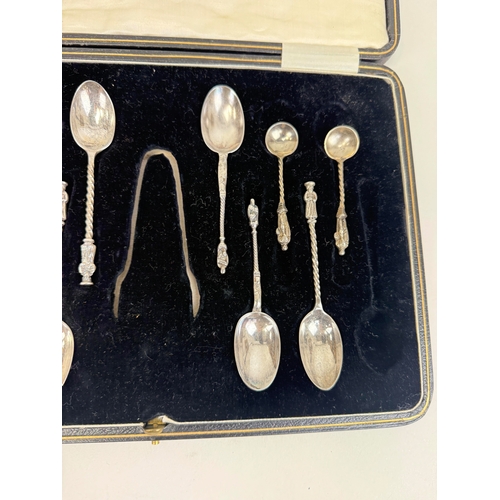 129 - A GROUP OF SILVER APOSTLE SPOONS IN UNRELATED BOX, TOGETHER WITH WILLIAM ROGERS SILVER-PLATED SOUP S... 