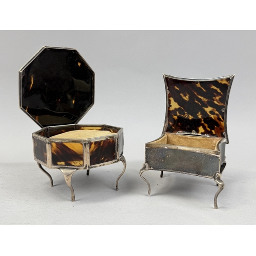 136 - TWO ANTIQUE TORTOISESHELL AND SILVER BOXES, EACH RAISED ON FOUR LEGS
Largest 10cm x 6.5cm... 