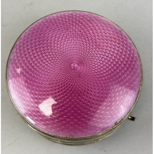 137 - A SILVER AND PINK GUILLOCHE ENAMEL CIRCULAR BOX BY WALKER AND HALL
Lid detached from hinge.
9cm x 4.... 