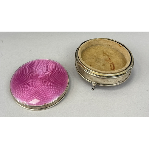 137 - A SILVER AND PINK GUILLOCHE ENAMEL CIRCULAR BOX BY WALKER AND HALL
Lid detached from hinge.
9cm x 4.... 