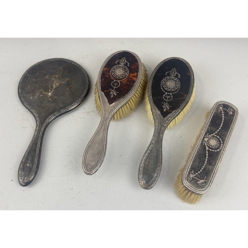 173 - SILVER AND TORTOISESHELL VANITY BRUSHES TOGETHER WITH A SILVER VANITY MIRROR
Largest 27cm L... 