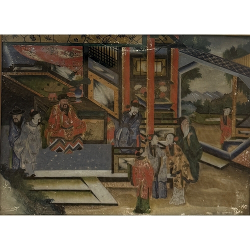277 - A 19TH CENTURY CHINESE EXPORT REVERSE GLASS PAINTING DEPICTING FIGURES AT COURT
58cm x 44cm
Mounted ... 