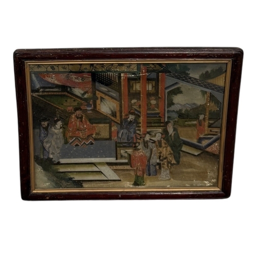 277 - A 19TH CENTURY CHINESE EXPORT REVERSE GLASS PAINTING DEPICTING FIGURES AT COURT
58cm x 44cm
Mounted ... 